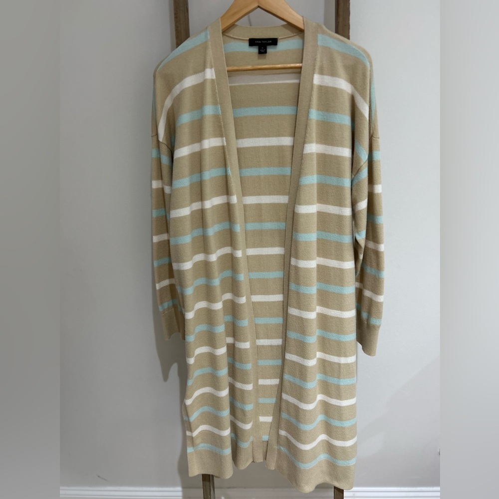 Ann Taylor Cardigan Open Front Long Cream White Blue Women’s Size XL